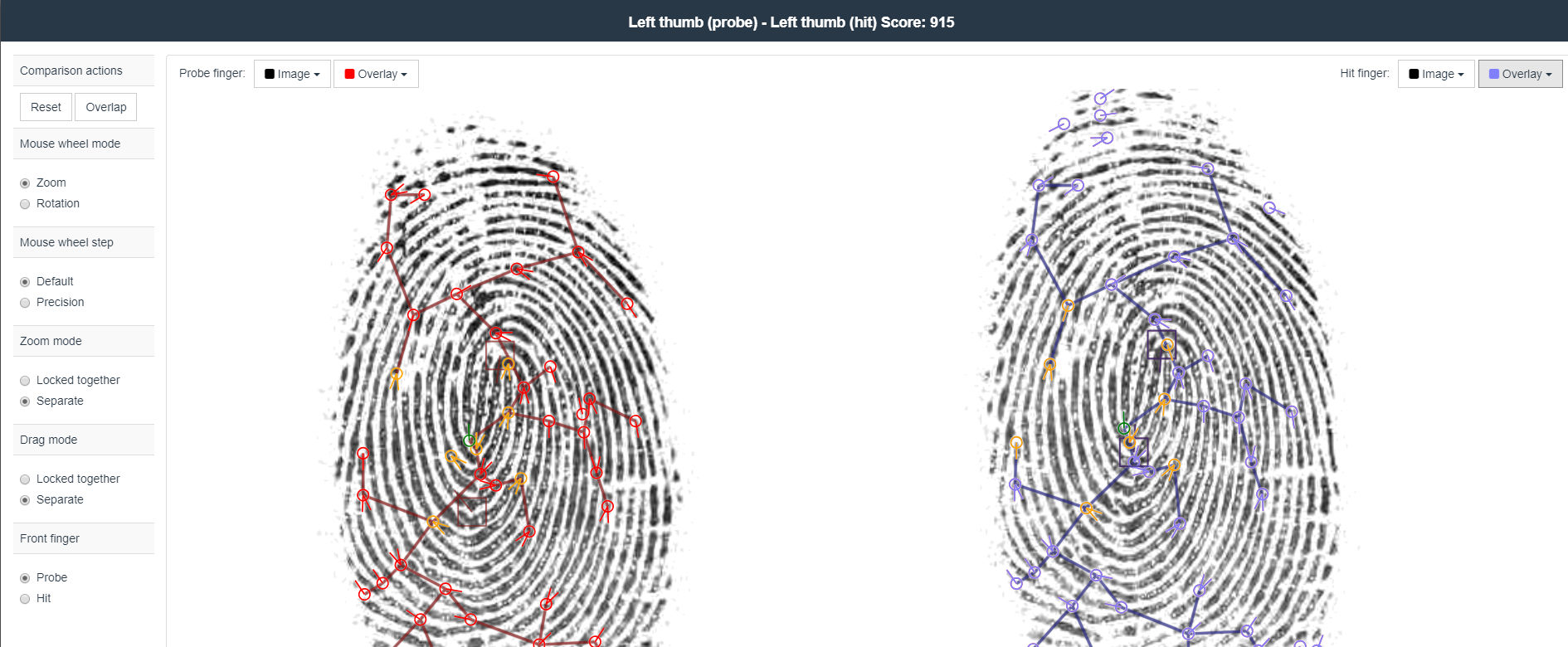 MegaMatcher ABIS client screenshot - fingerprints adjudication