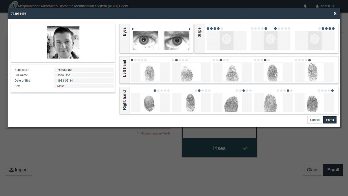 MegaMatcher ABIS client screenshot - confirm enrollment