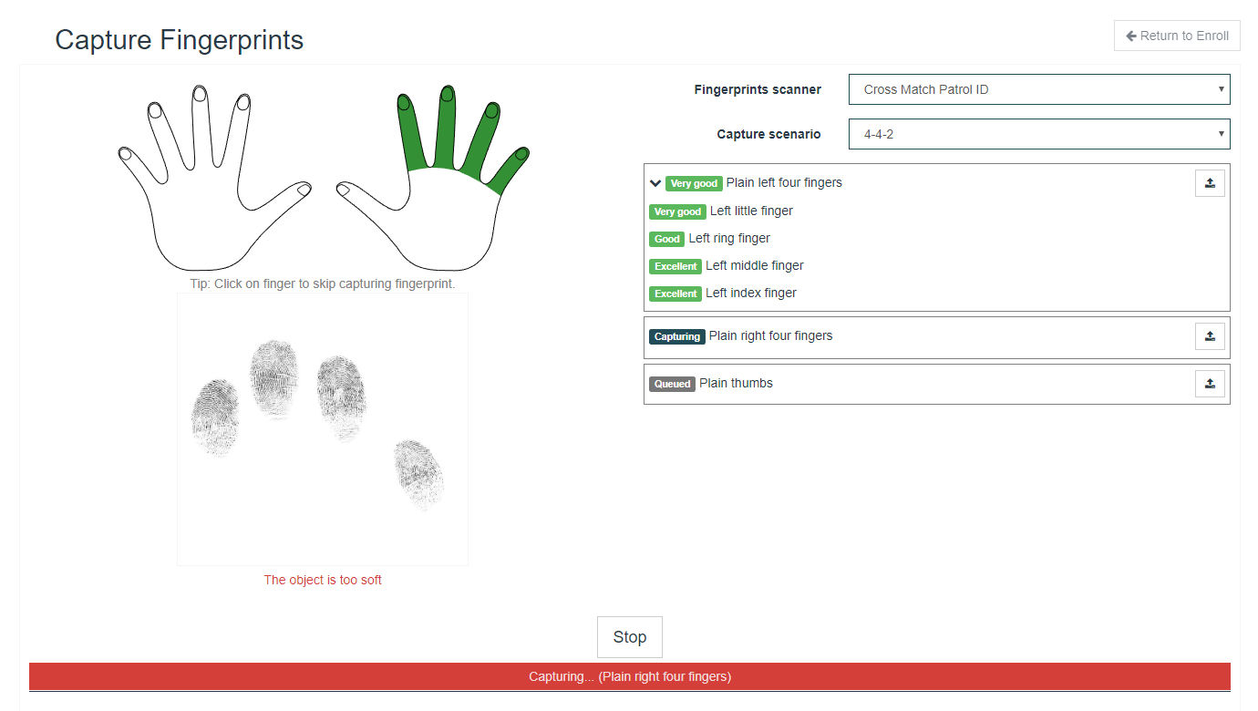 MegaMatcher ABIS client screenshot - enroll fingerprints