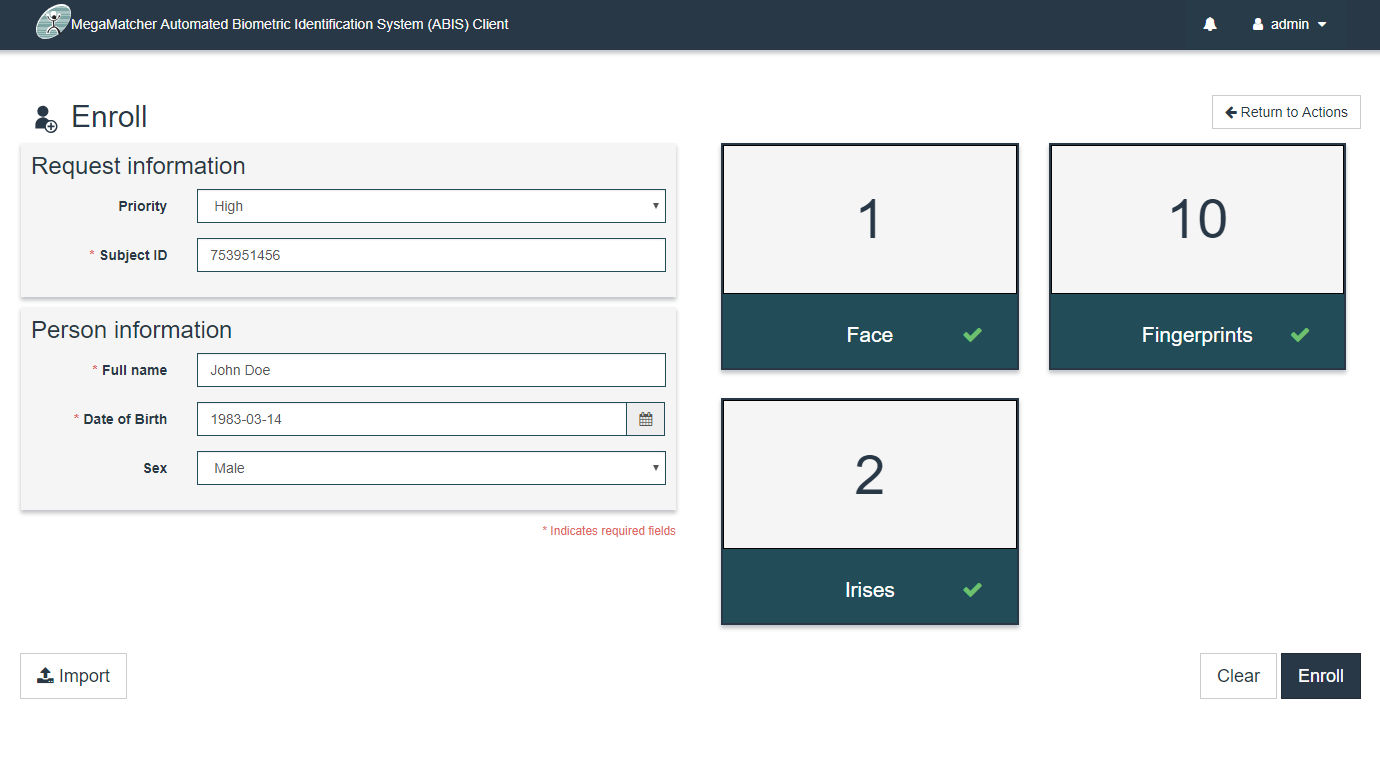 MegaMatcher ABIS client screenshot - enroll main
